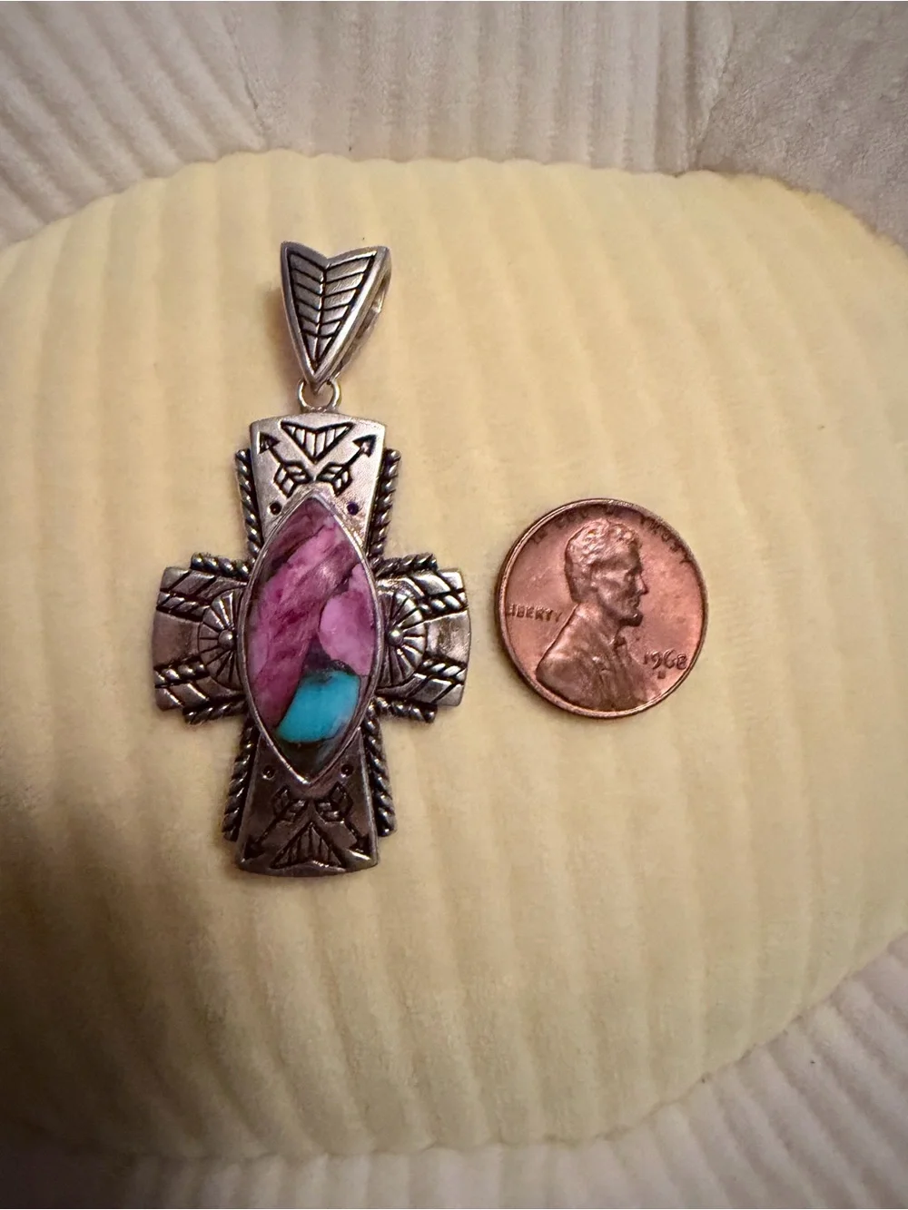 Source Unknown Sterling Silver Cross Pendant with Pink and Turquoise Inlay